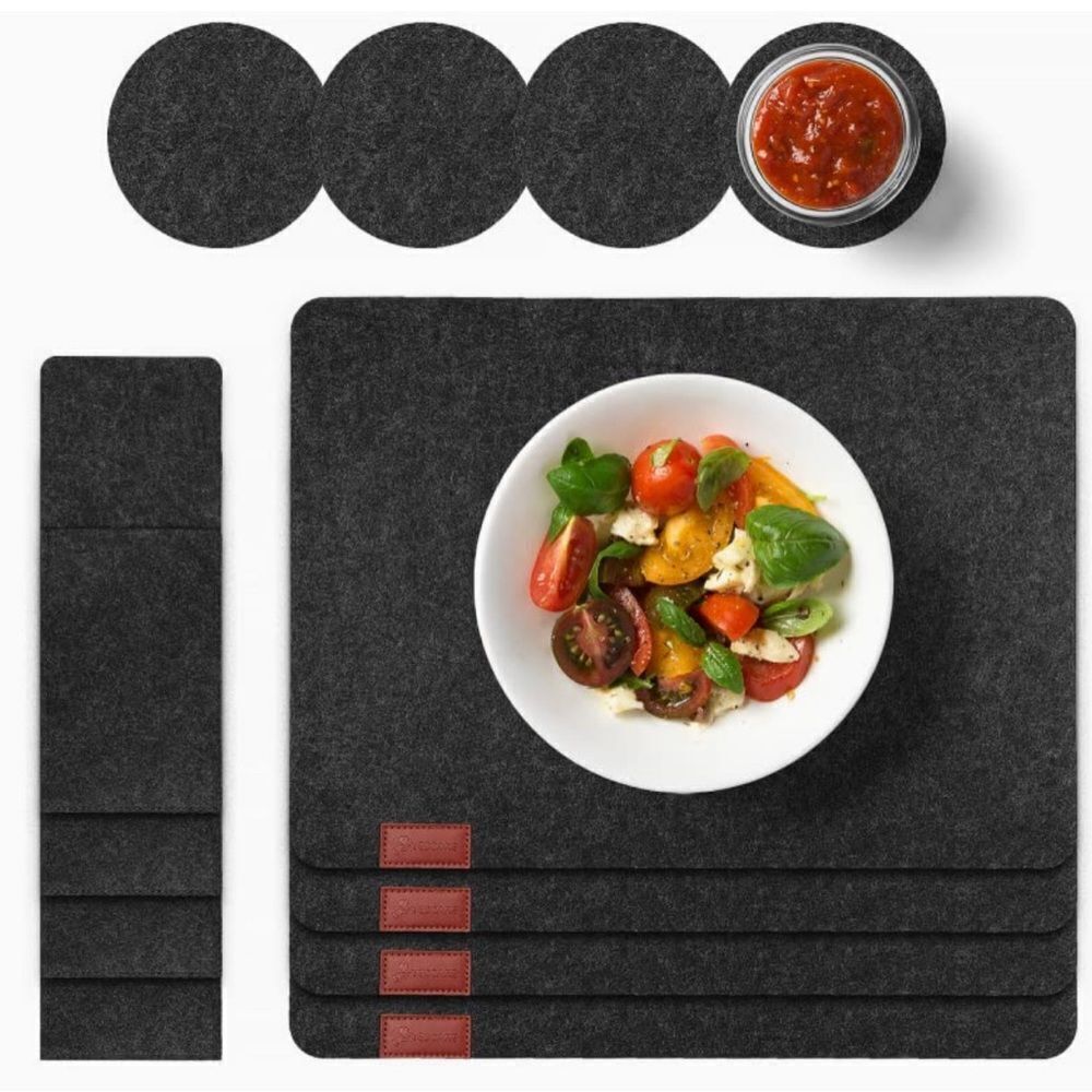 Set of 8 Gray Felt Washable Place Mats, Cutlery Holders, Coasters (24 Total) NWT